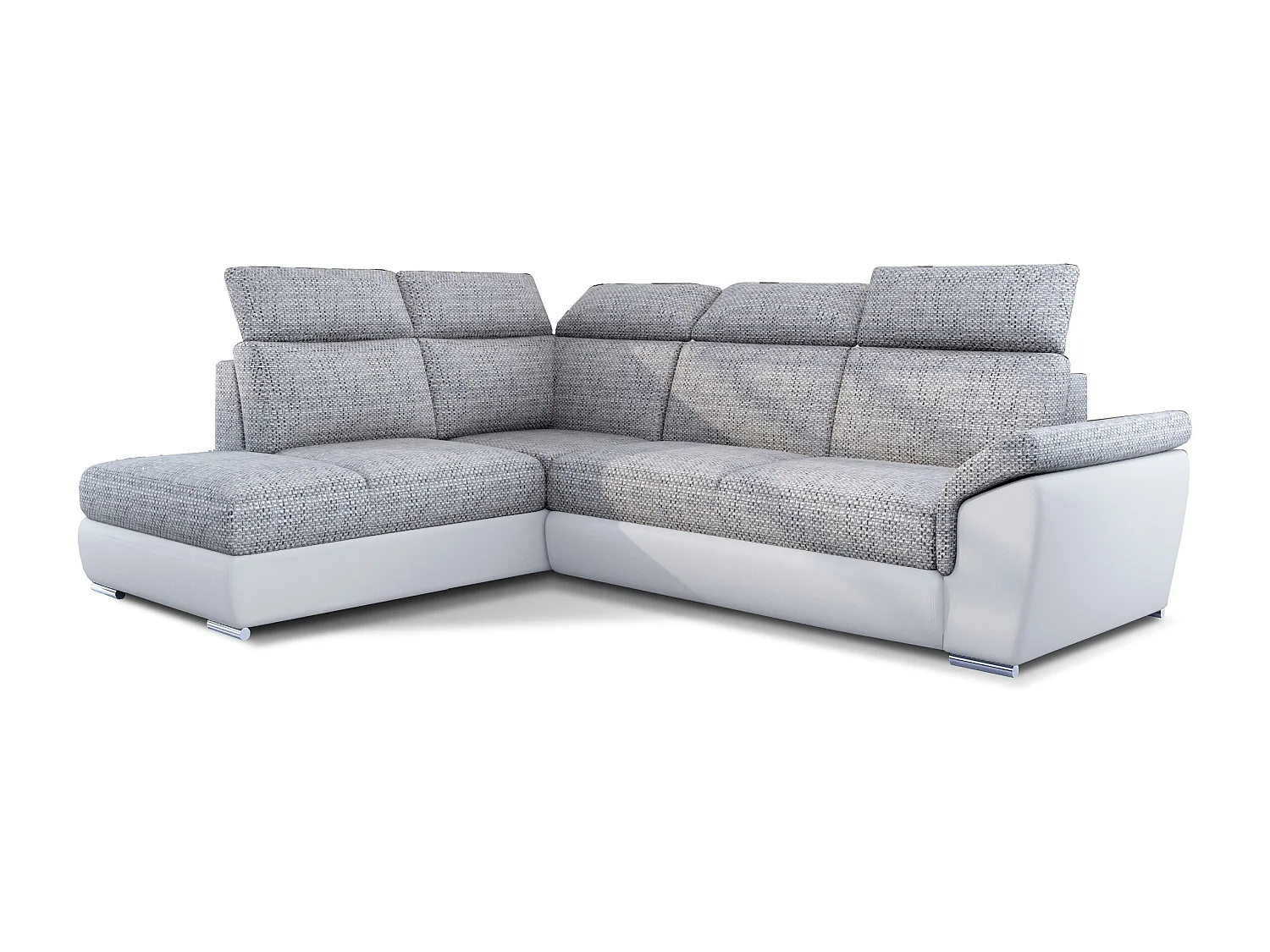 Canapé angle gauche convertible tissu gris chiné et simili blanc avec appuis-tête réglables Kepita 260cm
