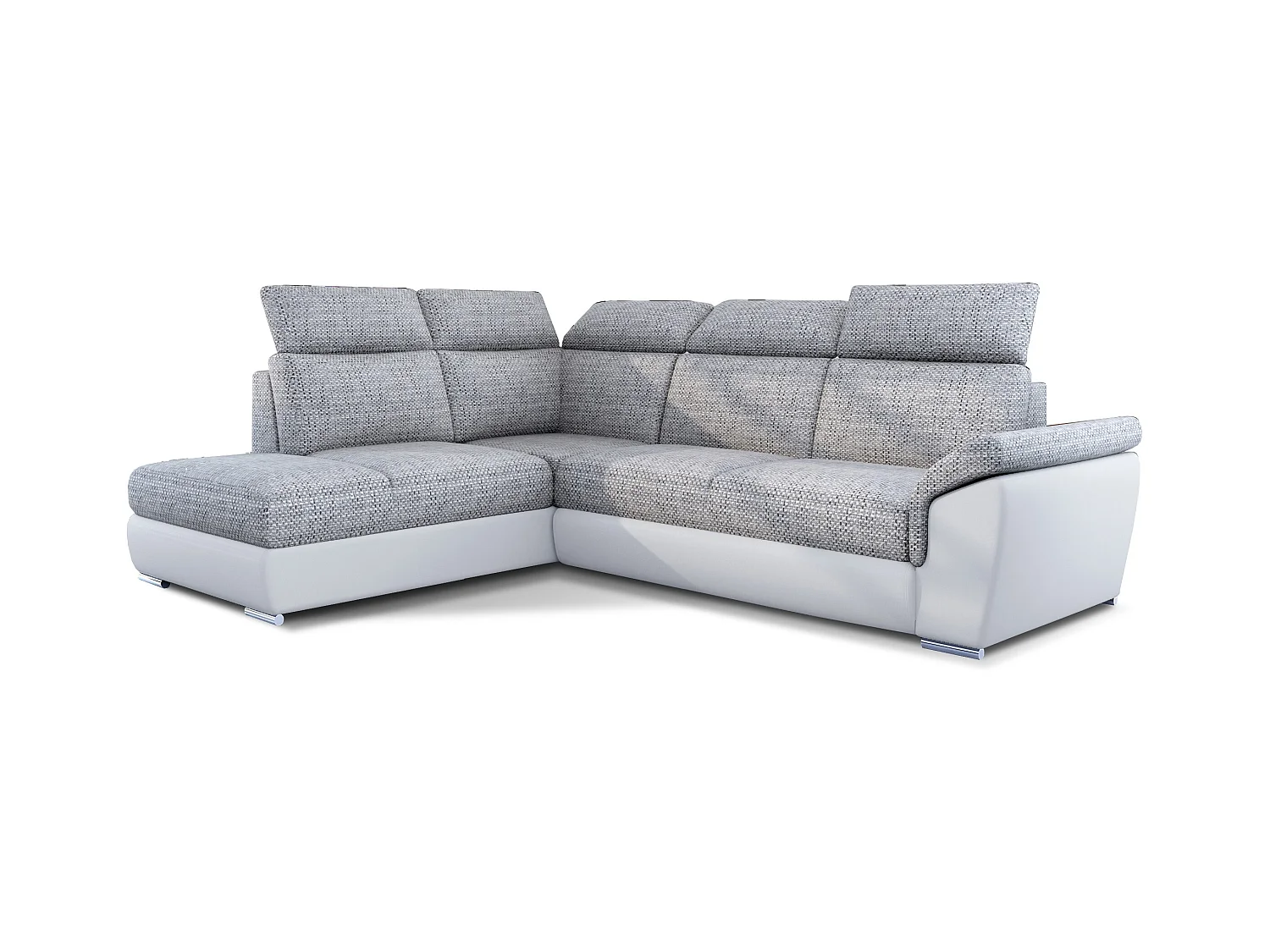 Canapé angle gauche convertible tissu gris chiné et simili blanc avec appuis-tête réglables Kepita 260cm
