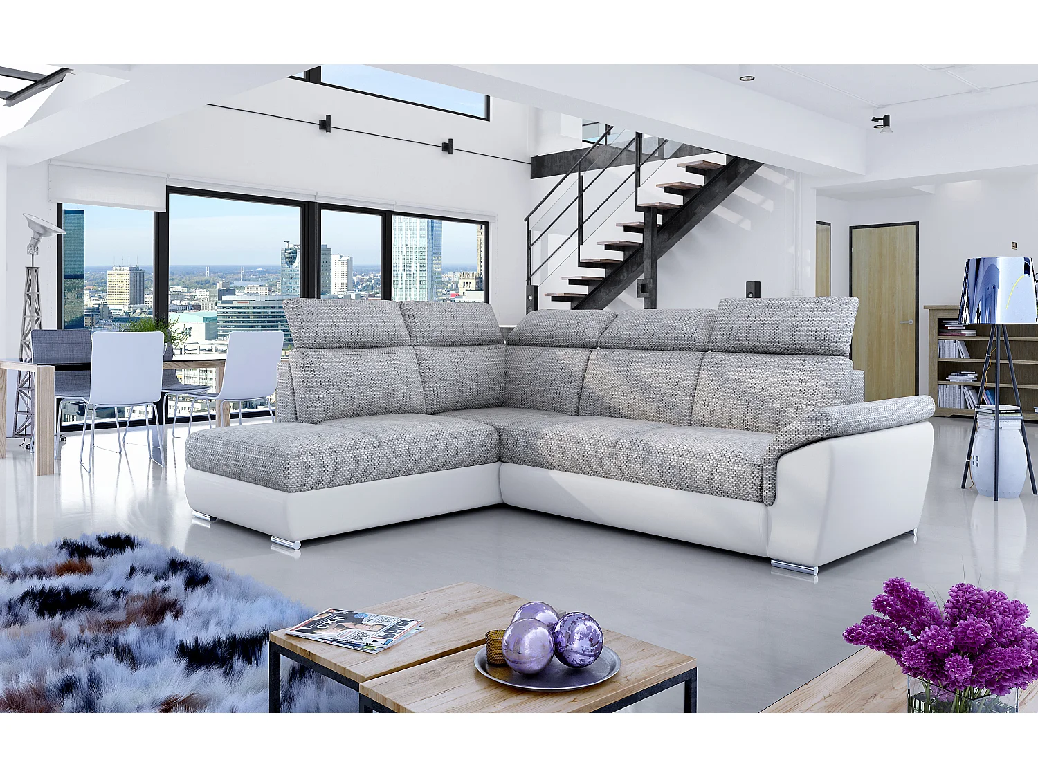 Canapé angle gauche convertible tissu gris chiné et simili blanc avec appuis-tête réglables Kepita 260cm