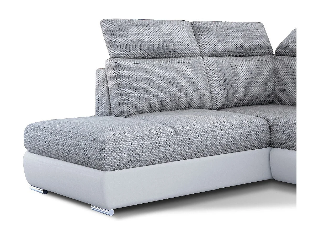 Canapé angle gauche convertible tissu gris chiné et simili blanc avec appuis-tête réglables Kepita 260cm