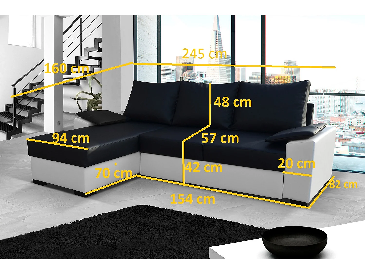 Canapé angle convertible et réversible simili beige et tissu marron clair chiné Luzo 245cm