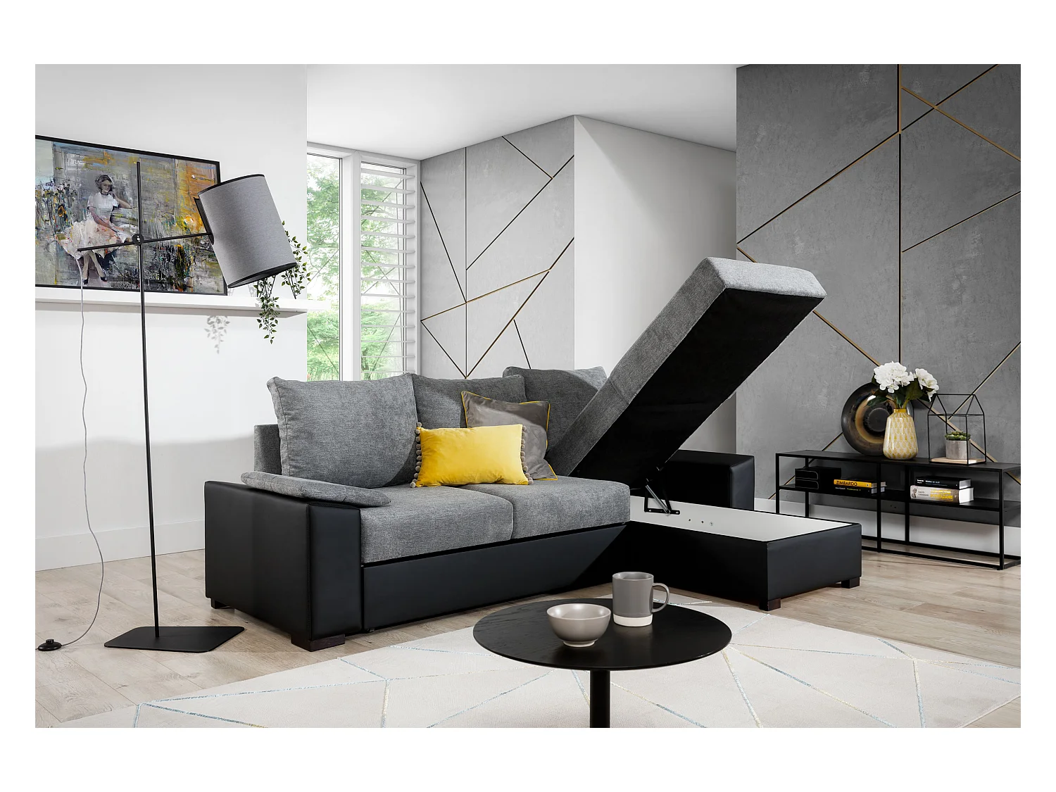 Canapé angle convertible et réversible simili beige et tissu marron clair chiné Luzo 245cm