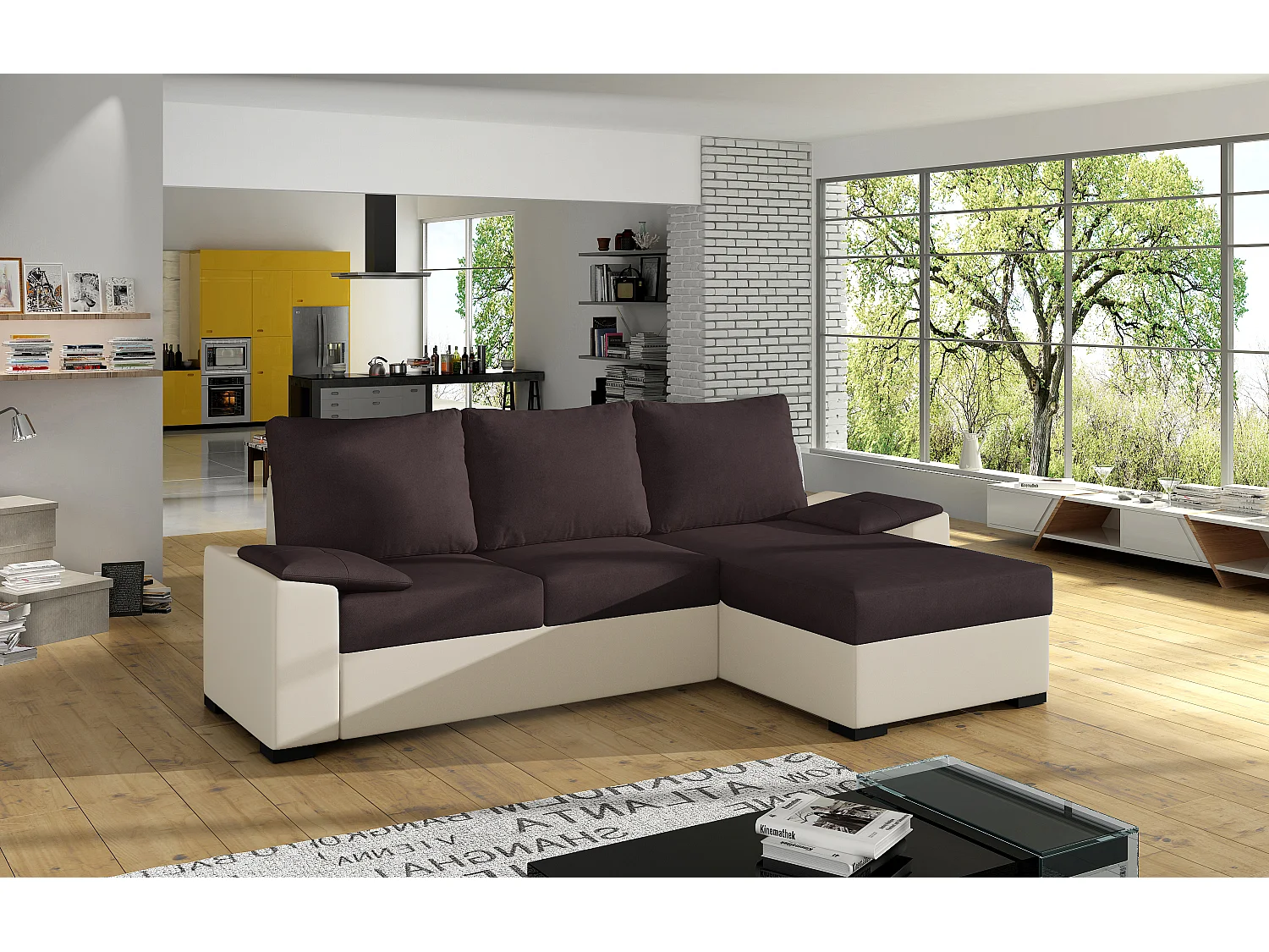 Converteerbare en omkeerbare hoekbank in beige imitatie en lichtbruin gemêleerde stof Luzo 245 cm