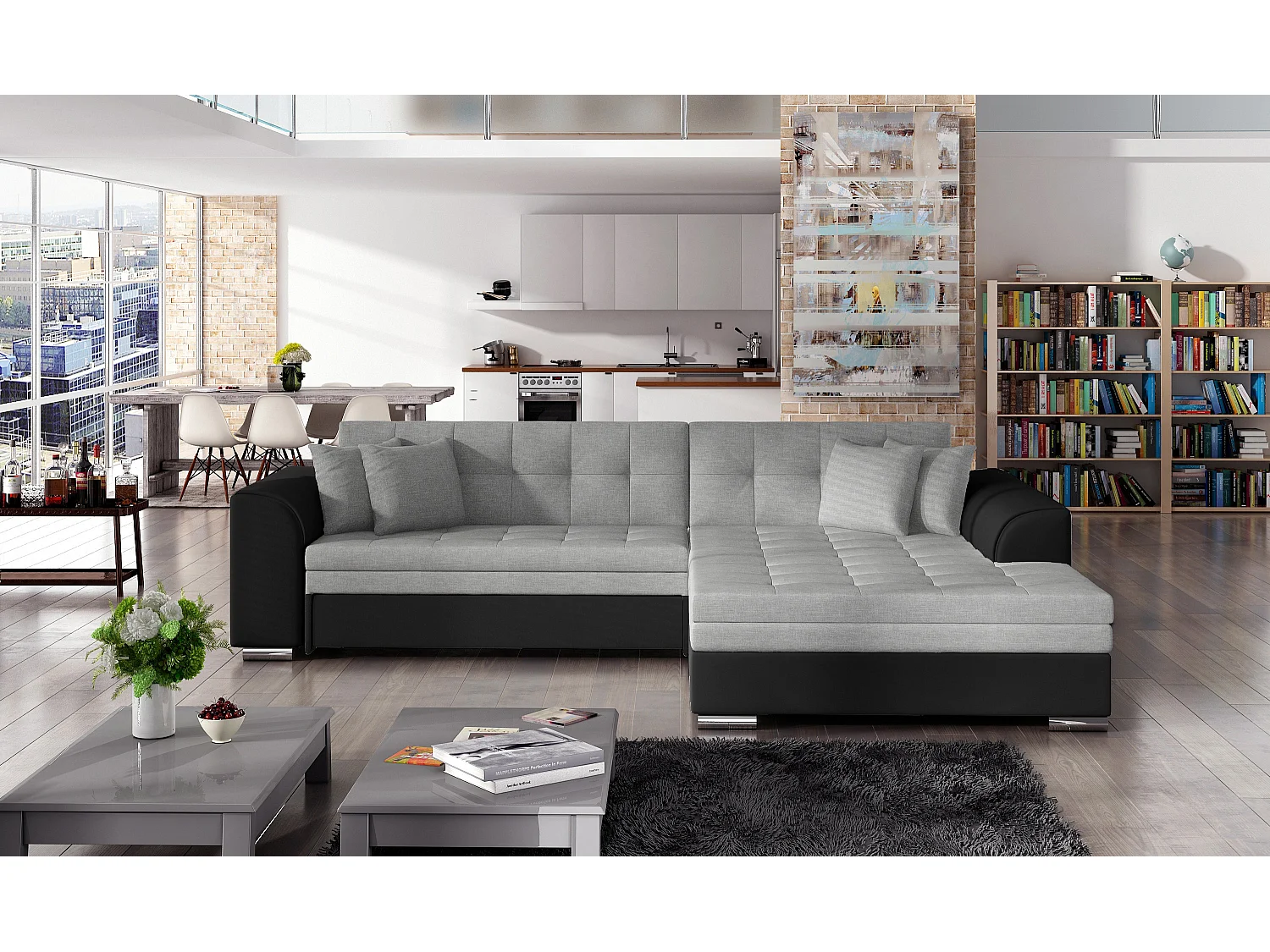 Canapé d'angle droit convertible 4 places tissu gris clair et simili noir Looka 295cm