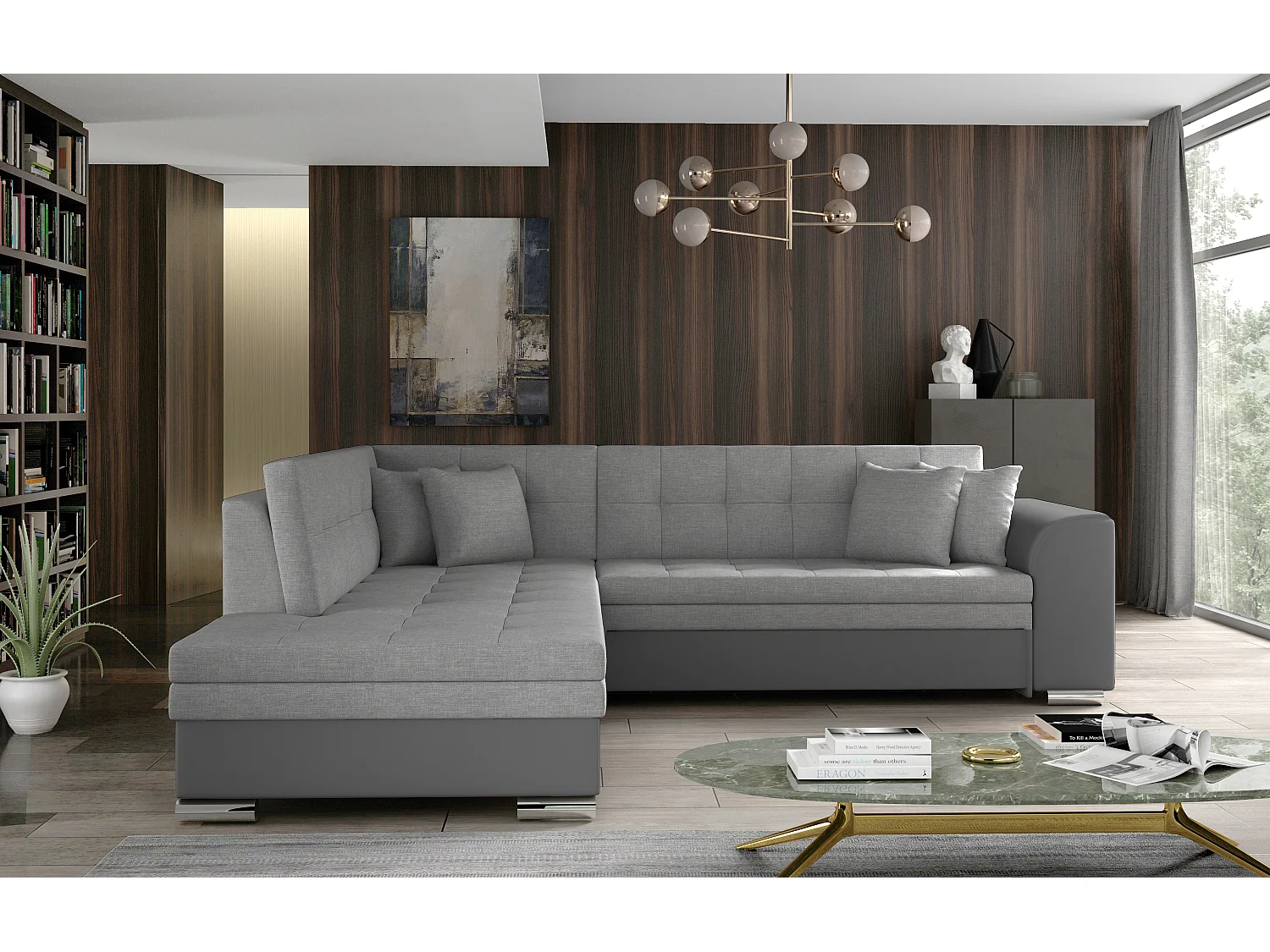 Canapé convertible gauche droit tissu gris clair et simili gris Pika 260cm