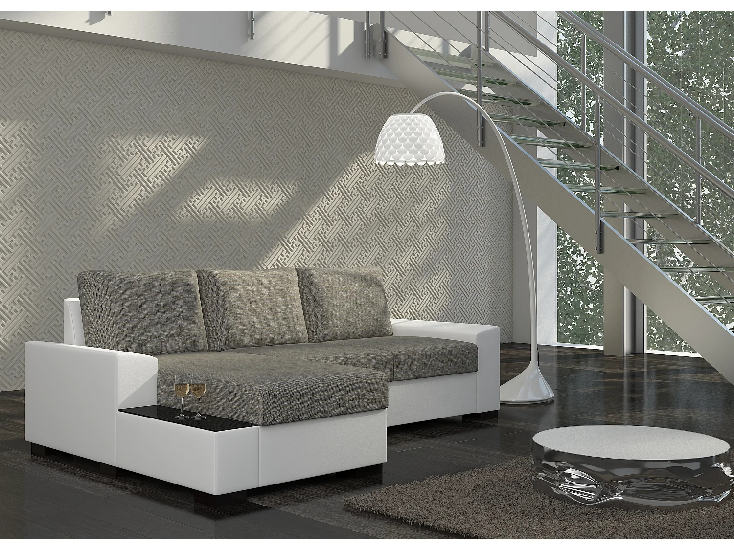 Canapé angle gauche convertible tissu gris chiné et simili blanc James 245cm