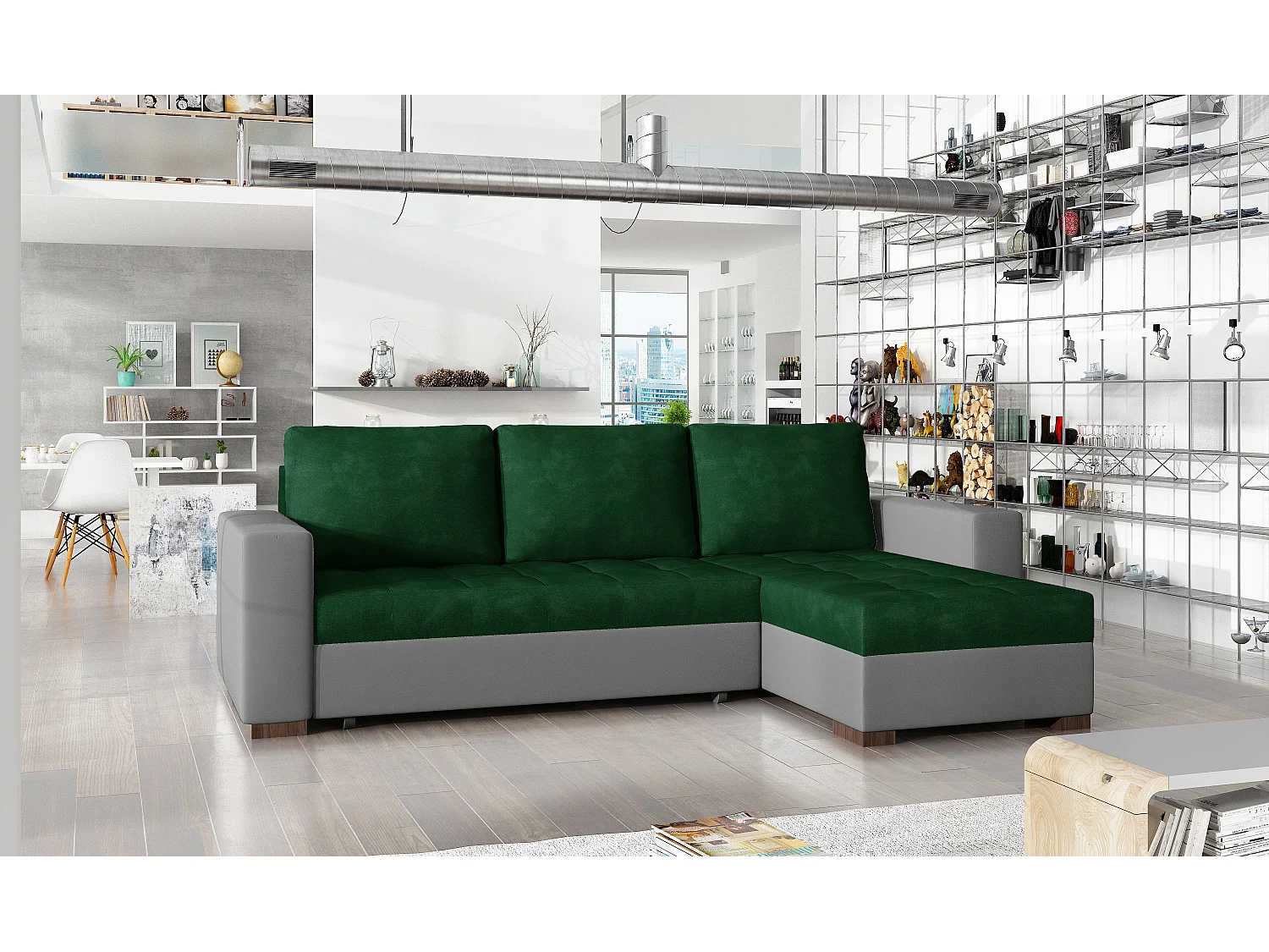 Canapé d'angle convertible et réversible velours vert foncé et simili cuir gris Zelly 237cm