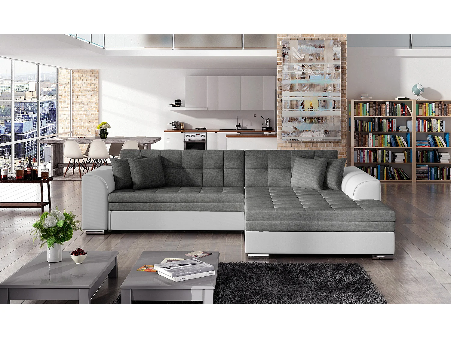 Canapé d'angle droit convertible 4 places tissu gris foncé et simili blanc Looka 295cm