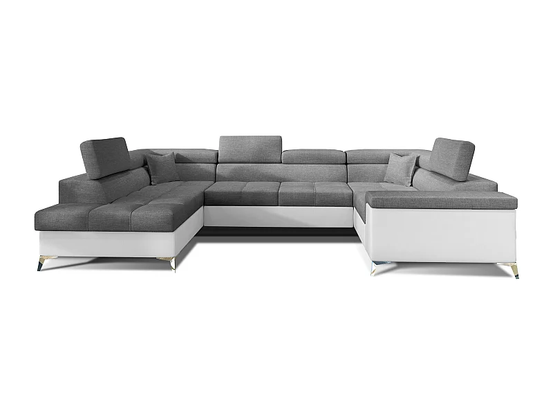 Canapé panoramique convertible tissu gris foncé et simili cuir blanc avec coffre de rangement Triano 342cm-Coffre de rangement à gauche