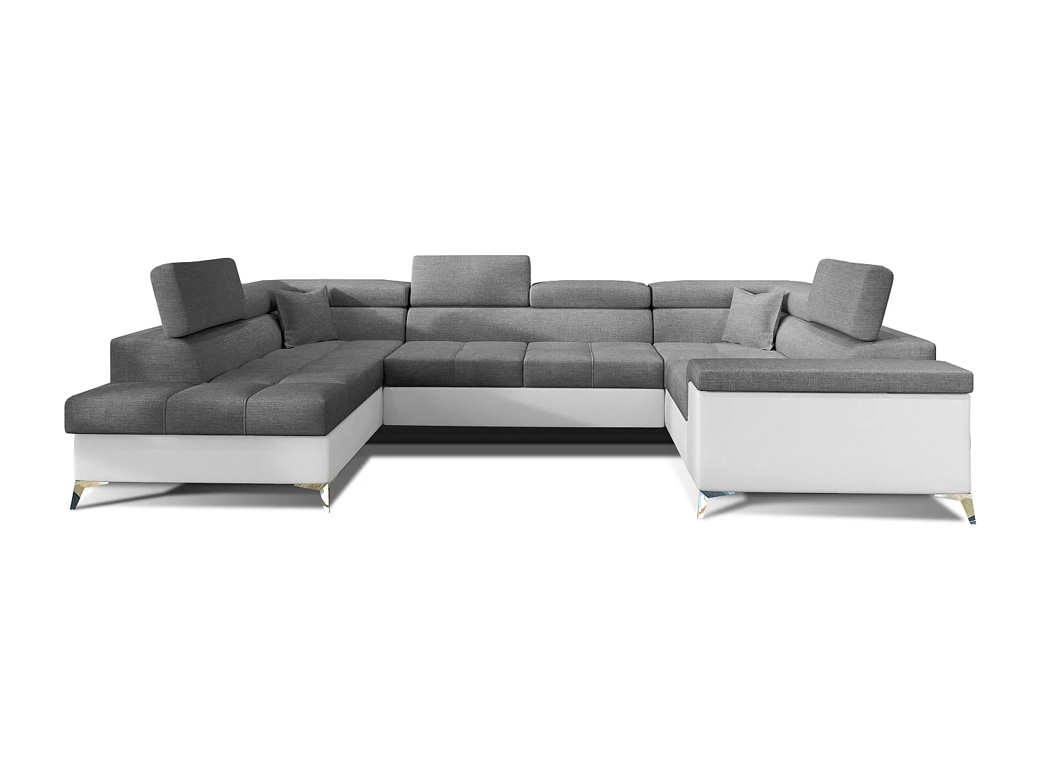 Canapé panoramique convertible tissu gris foncé et simili cuir blanc avec coffre de rangement Triano 342cm-Coffre de rangement à gauche
