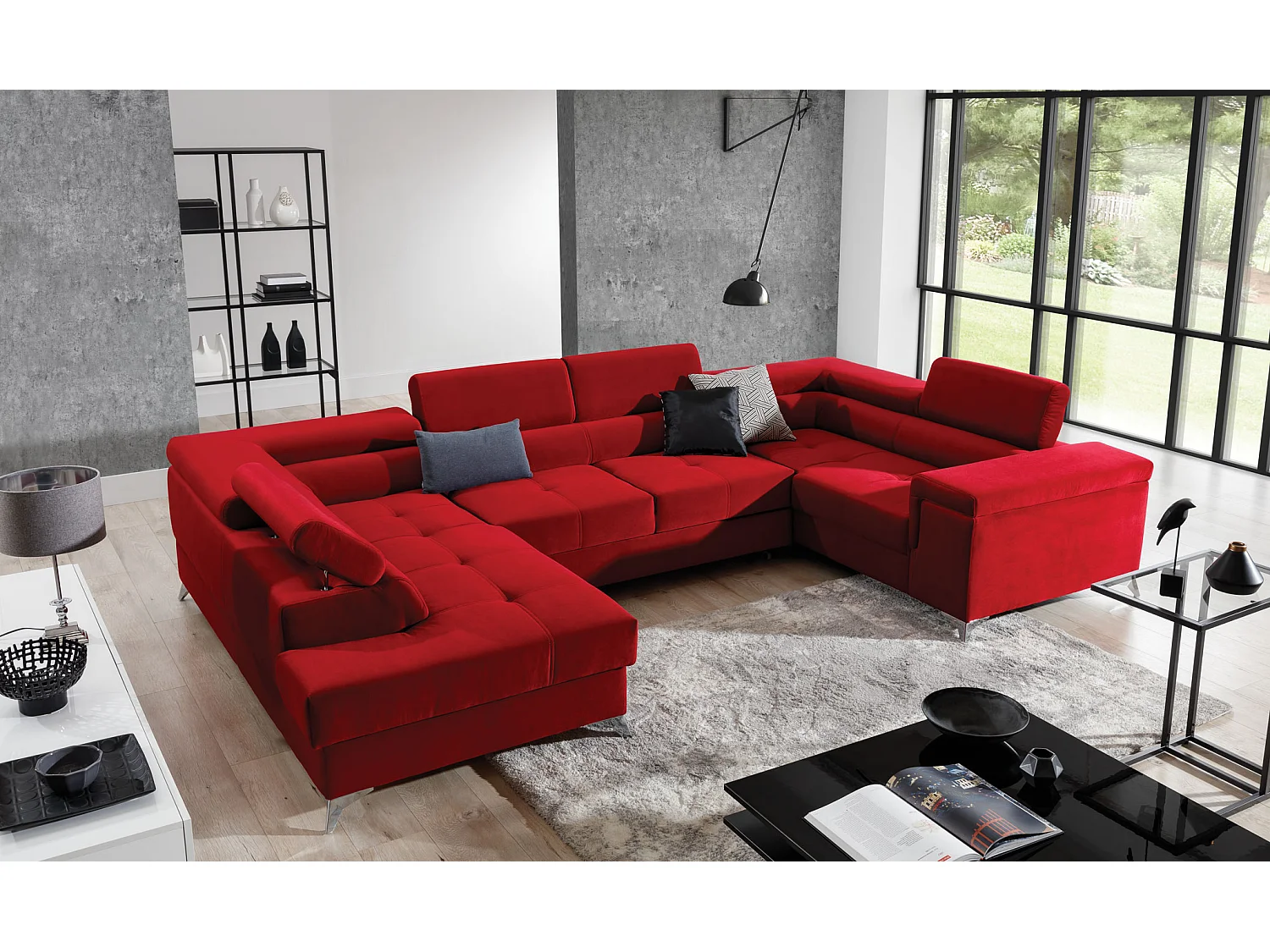 Canapé panoramique convertible tissu gris foncé et simili cuir blanc avec coffre de rangement Triano 342cm-Coffre de rangement à gauche