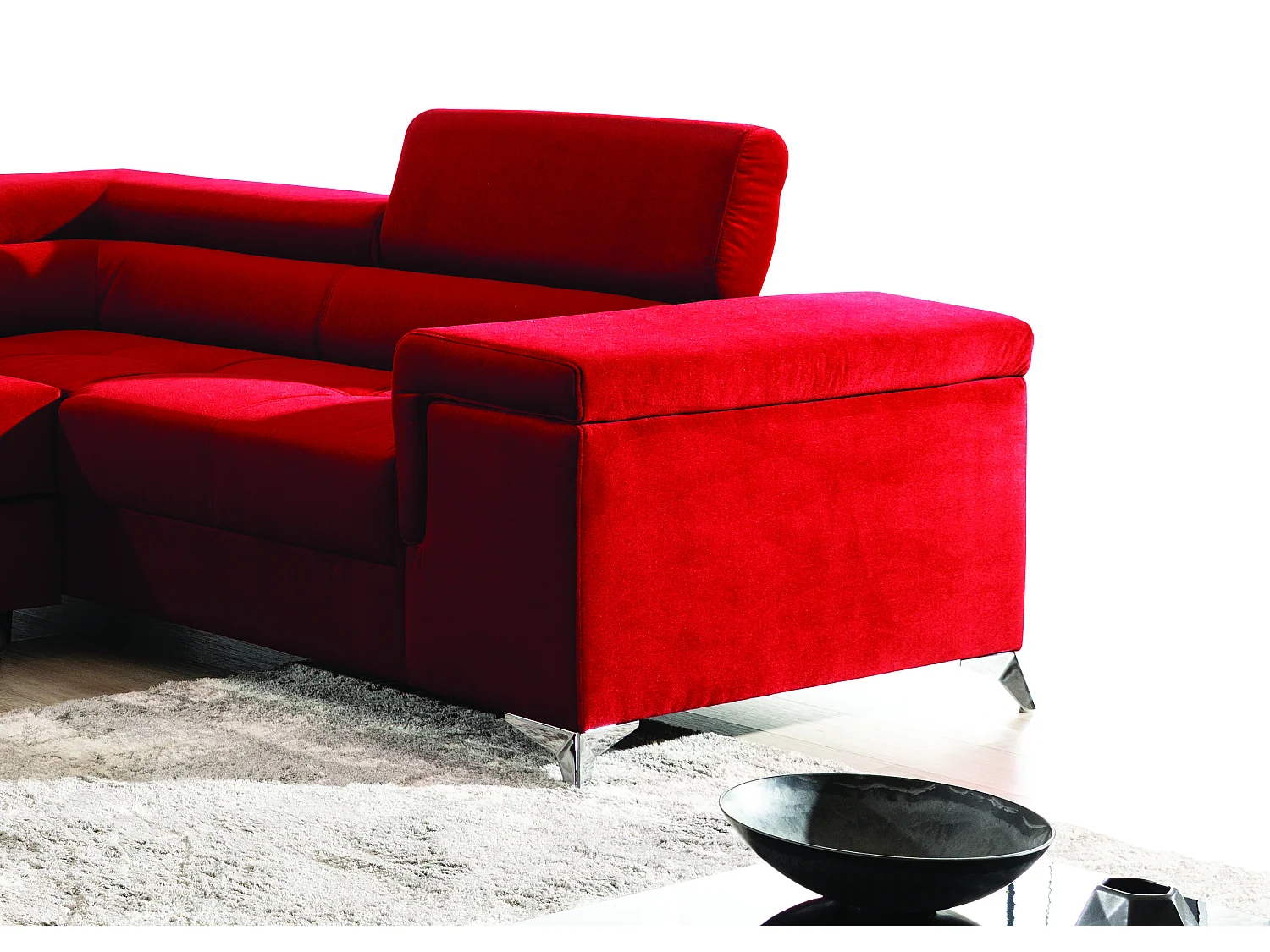 Canapé panoramique convertible tissu gris foncé et simili cuir blanc avec coffre de rangement Triano 342cm-Coffre de rangement à gauche