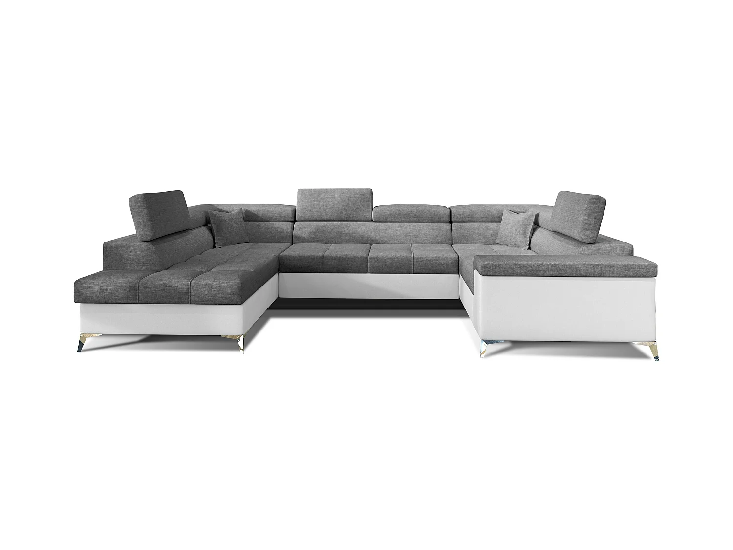 Canapé panoramique convertible tissu gris foncé et simili cuir blanc avec coffre de rangement Triano 342cm-Coffre de rangement à gauche