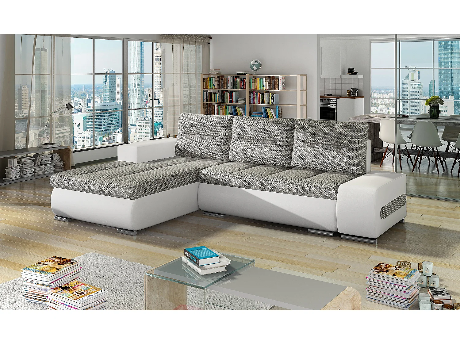 Canapé convertible angle gauche tissu gris clair chiné et simili blanc Waker 275cm