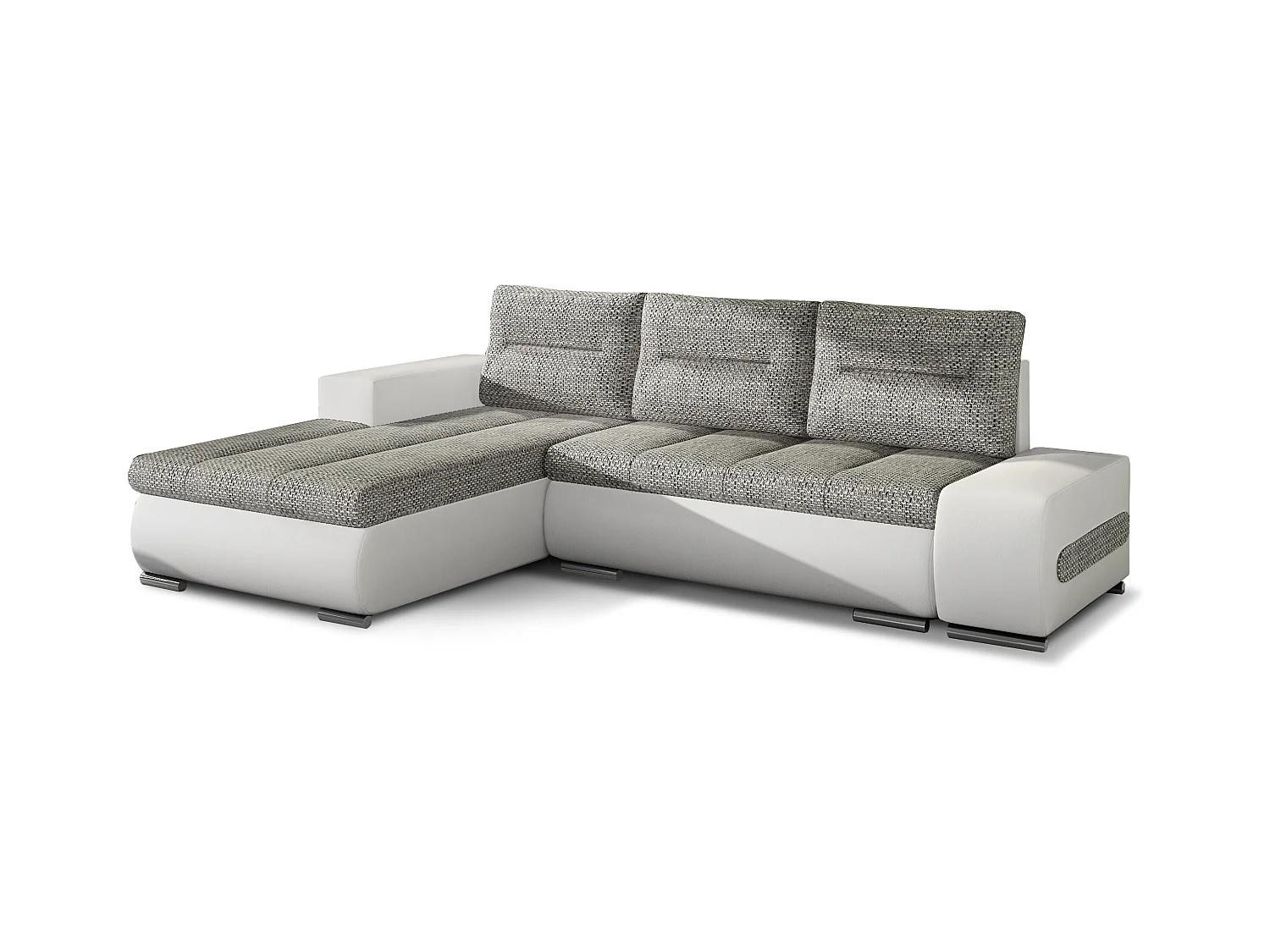 Canapé convertible angle gauche tissu gris clair chiné et simili blanc Waker 275cm