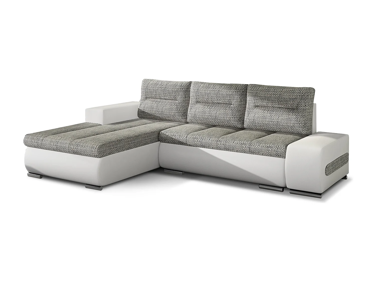 Canapé convertible angle gauche tissu gris clair chiné et simili blanc Waker 275cm
