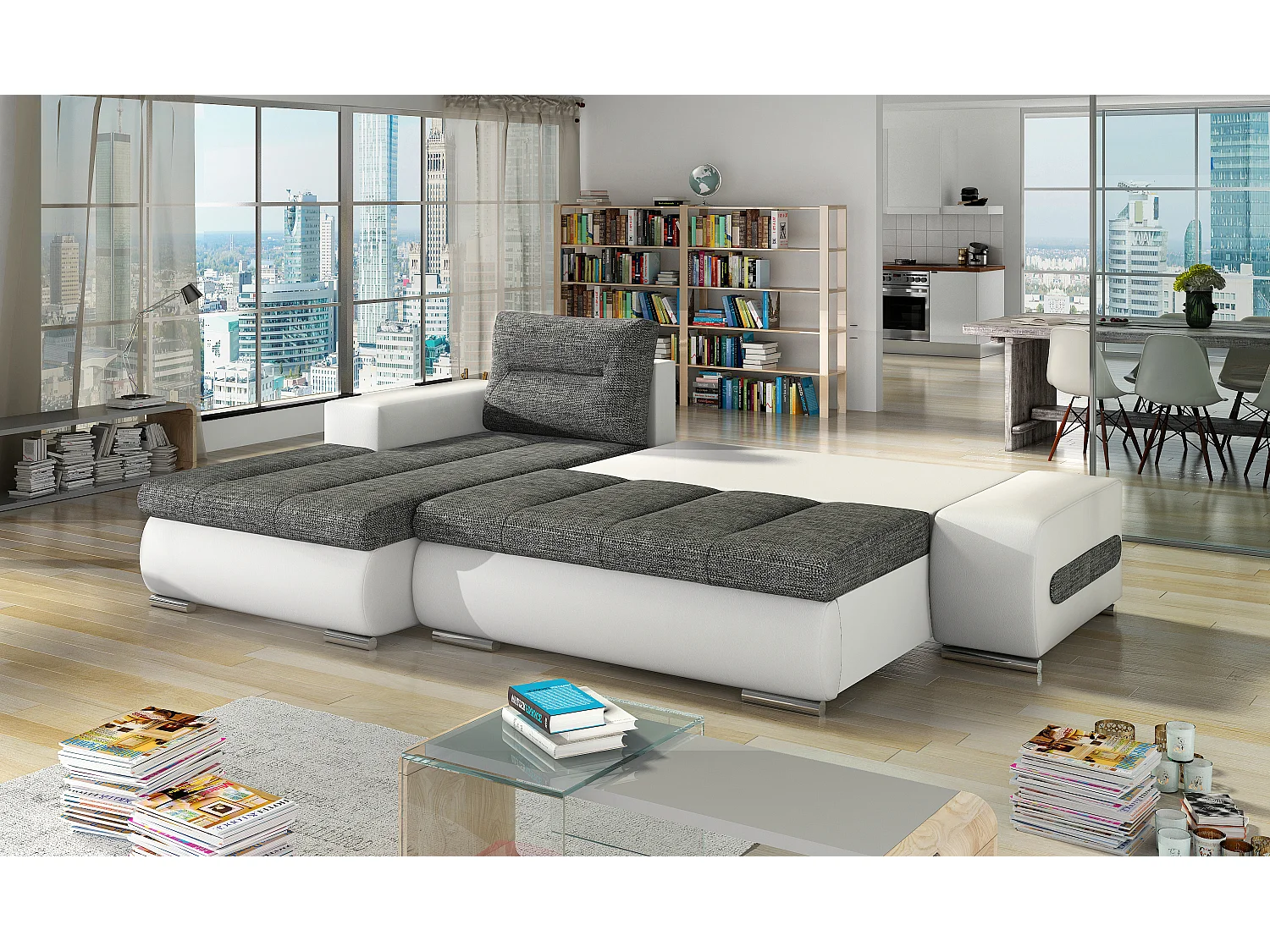 Canapé convertible angle gauche tissu gris clair chiné et simili blanc Waker 275cm