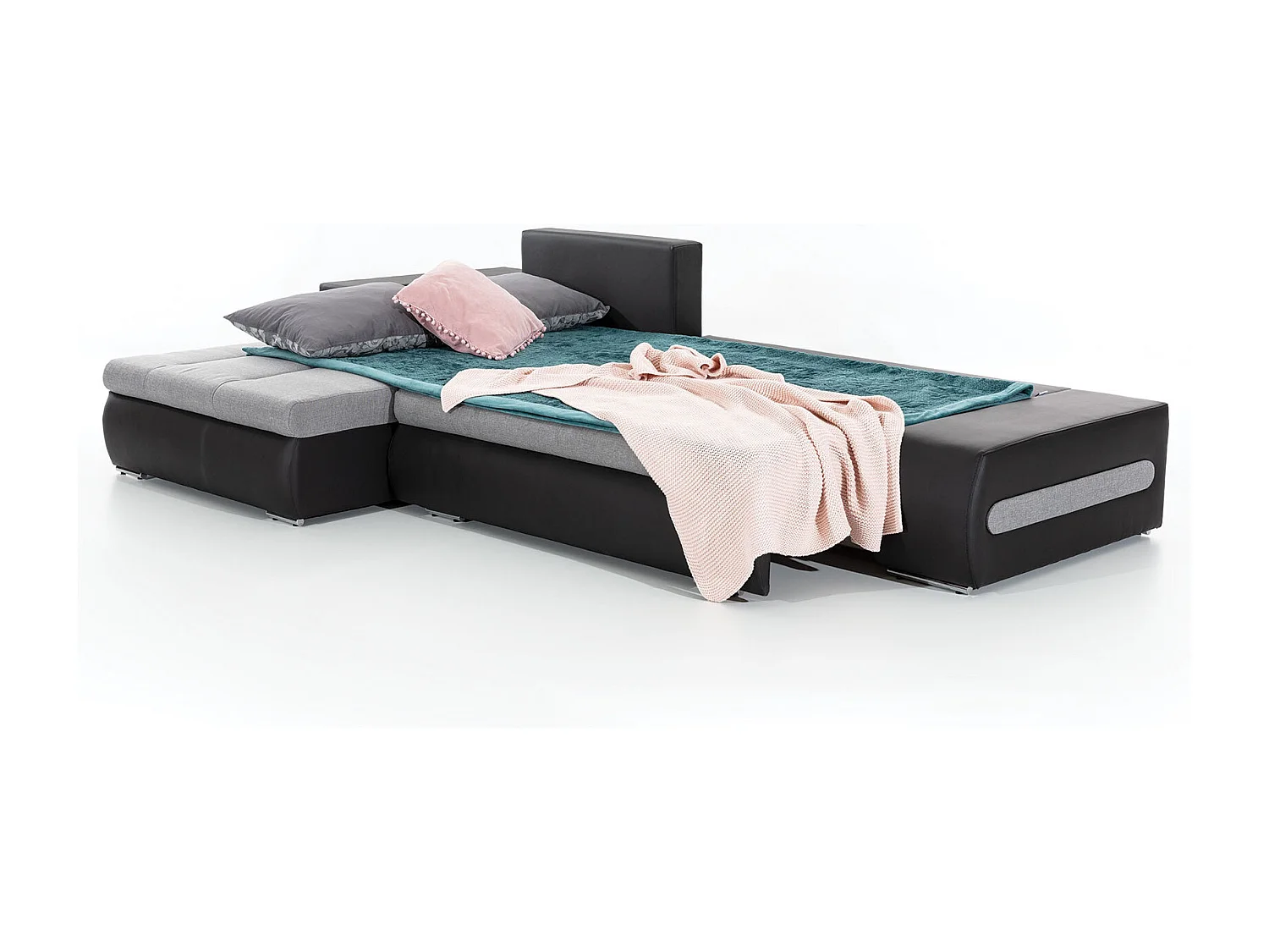 Canapé convertible angle gauche tissu gris clair chiné et simili blanc Waker 275cm