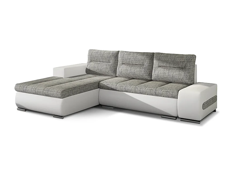 Canapé convertible angle gauche tissu gris clair chiné et simili blanc Waker 275cm