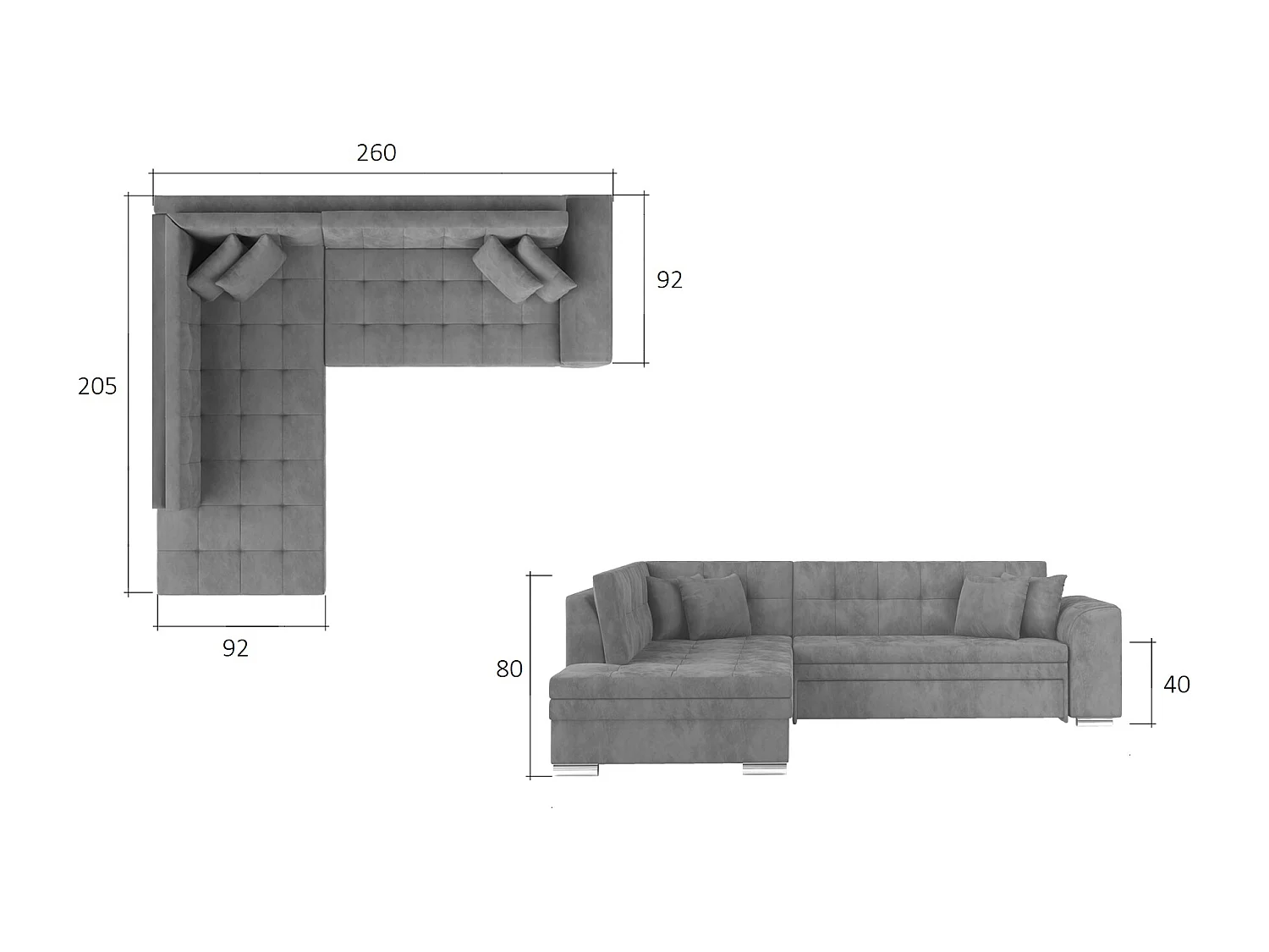Canapé convertible angle droit tissu gris clair et simili noir Pika 260cm