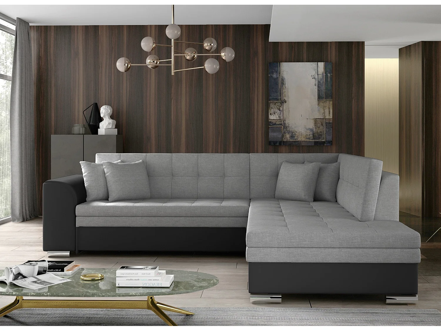 Canapé convertible angle droit tissu gris clair et simili noir Pika 260cm