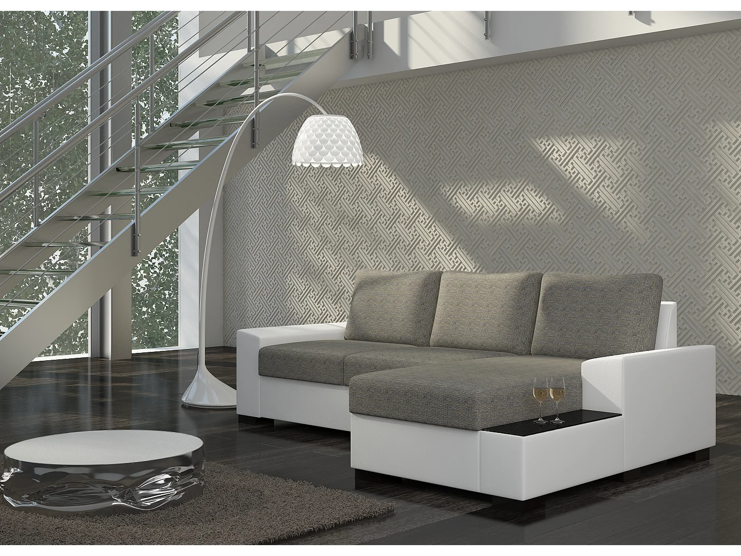 Canapé angle droit convertible tissu gris chiné et simili blanc James 245cm