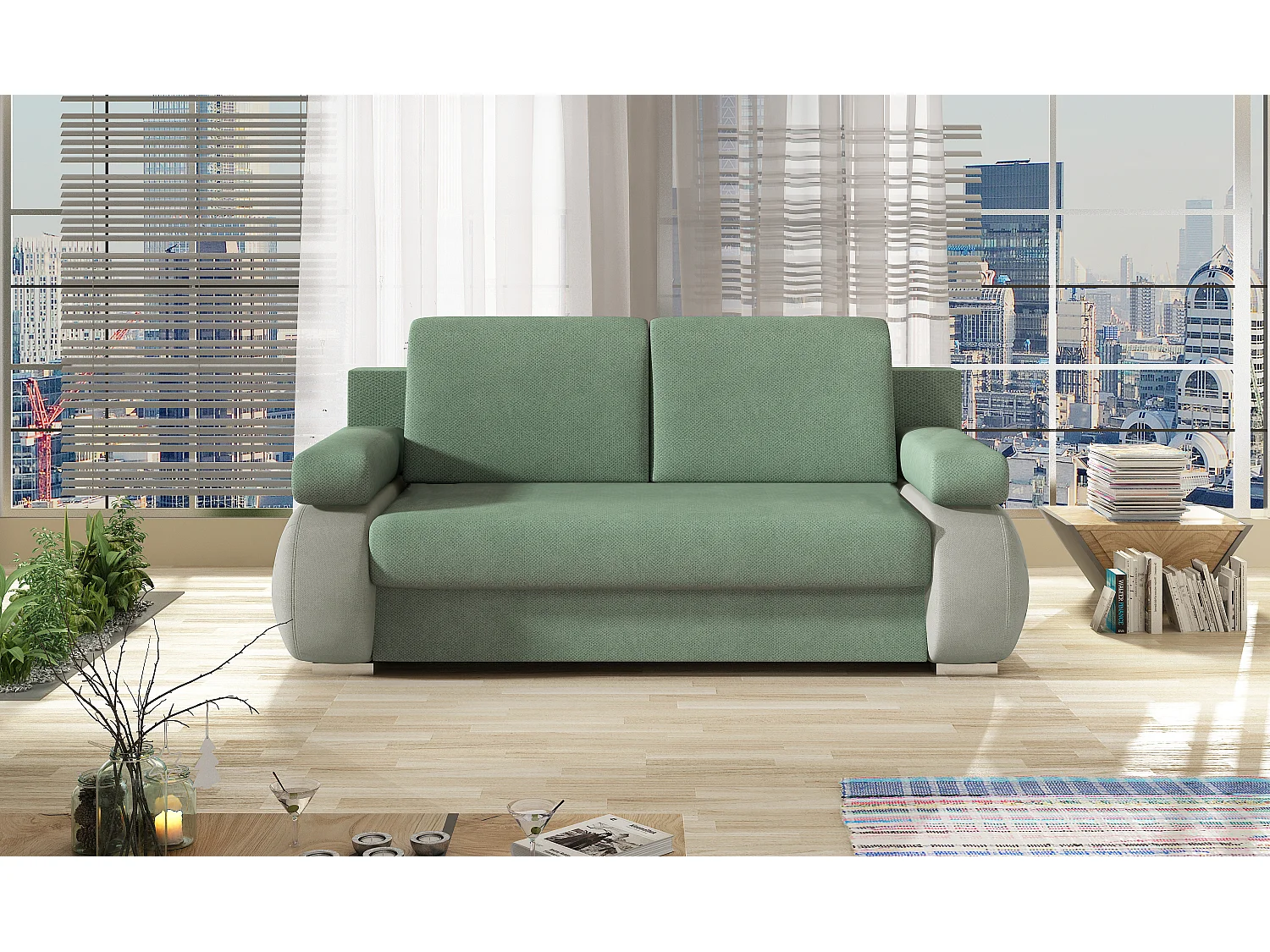 2-zits slaapbank in gemêleerde beige stof en lichtbeige kunstleer Korina 202 cm