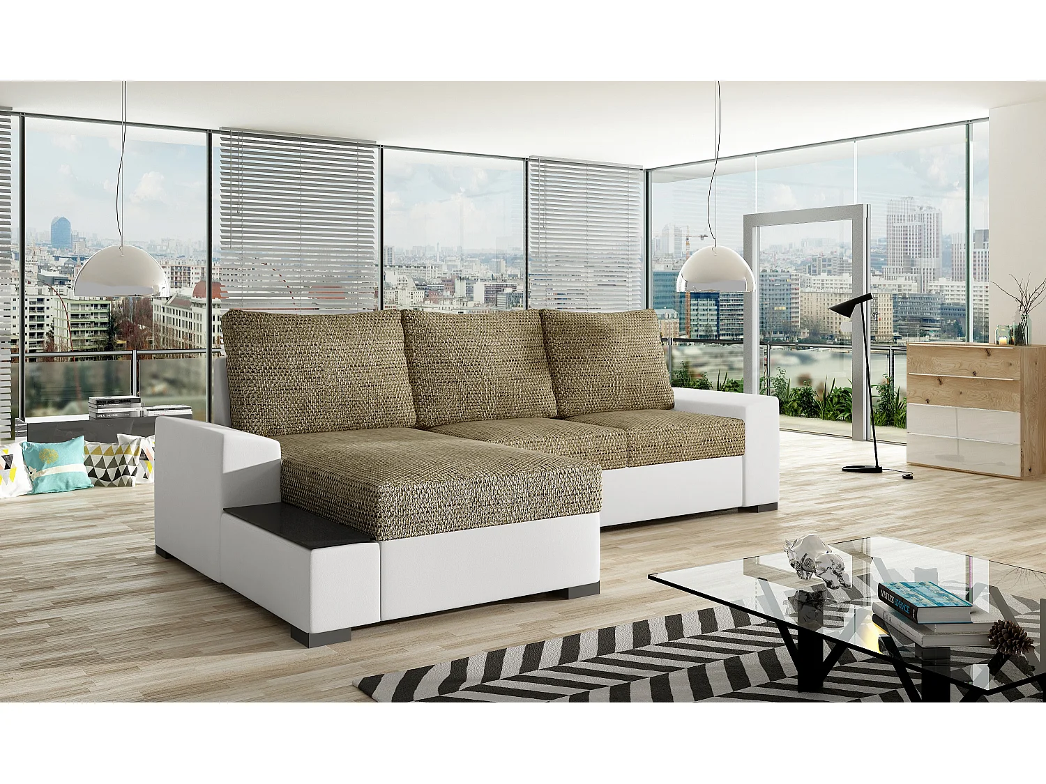 Canapé angle gauche convertible tissu beige clair chiné et simili blanc James 245cm