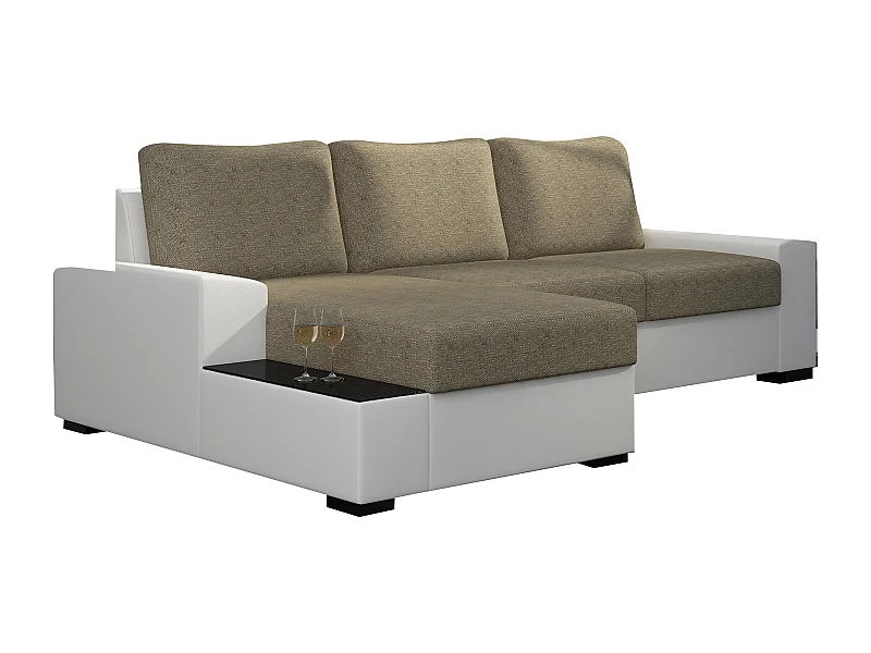 Canapé angle gauche convertible tissu beige clair chiné et simili blanc James 245cm