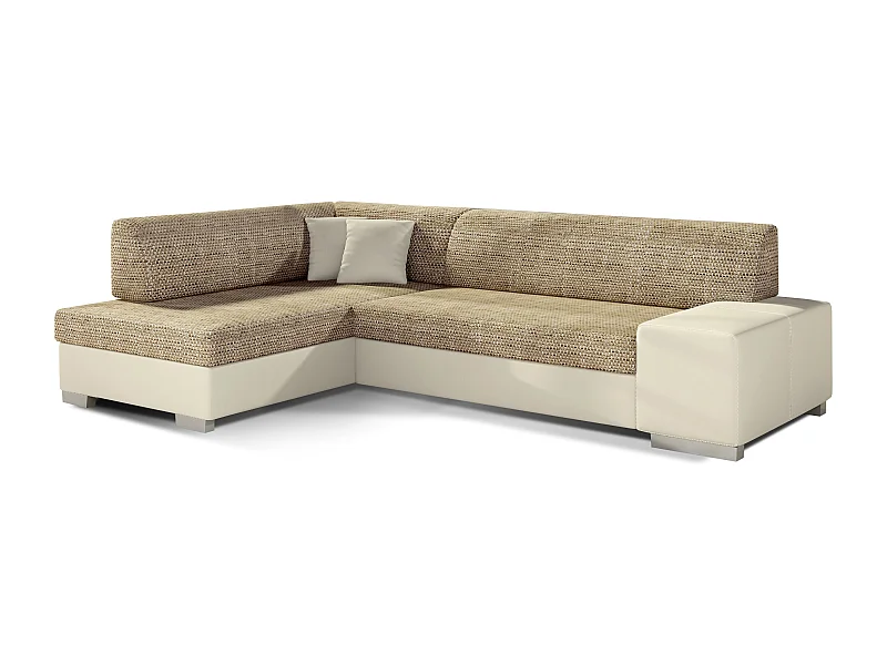 Canapé convertible angle gauche simili cuir beige et tissu beige clair chiné Polky 272cm
