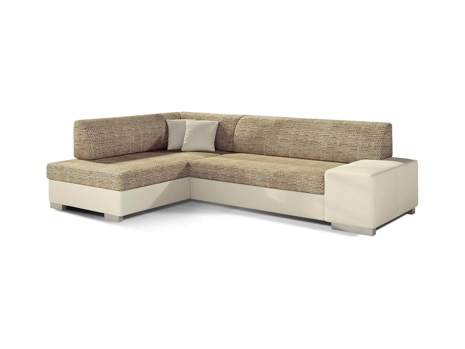 Canapé convertible angle gauche simili cuir beige et tissu beige clair chiné Polky 272cm
