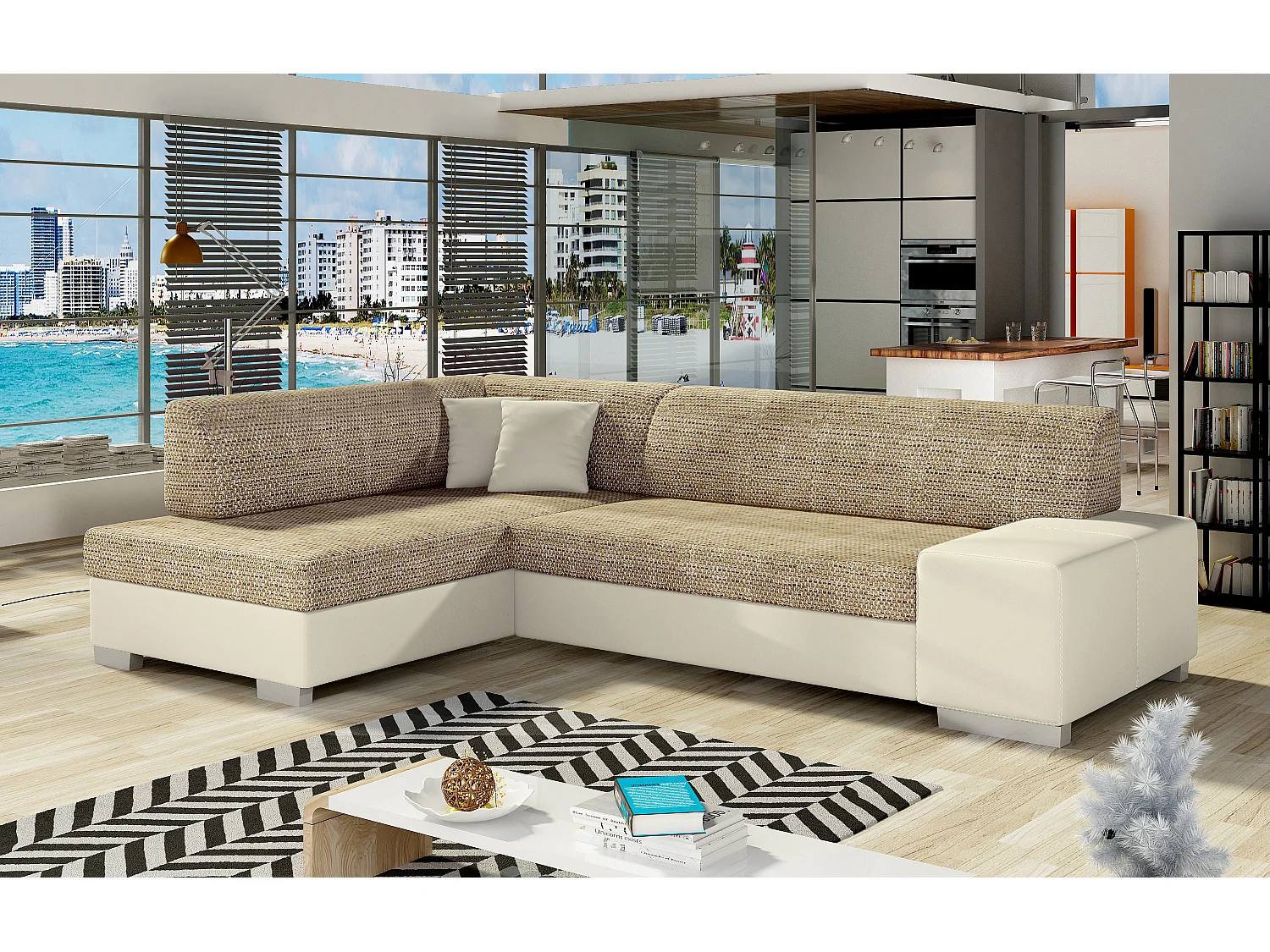 Canapé convertible angle gauche simili cuir beige et tissu beige clair chiné Polky 272cm