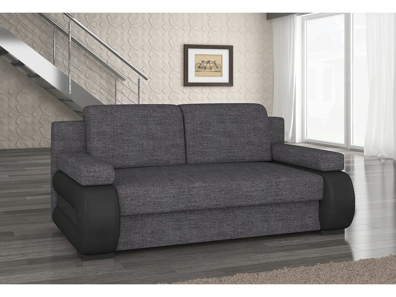 Canapé convertible 2 places tissu anthracite et simili cuir noir Korina 202cm