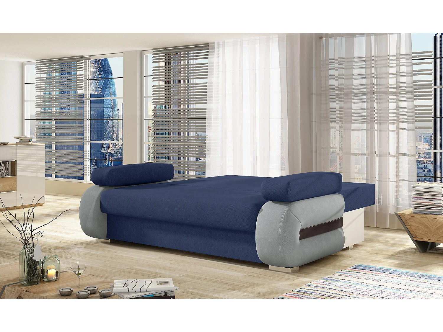 Canapé convertible 2 places tissu anthracite et simili cuir noir Korina 202cm