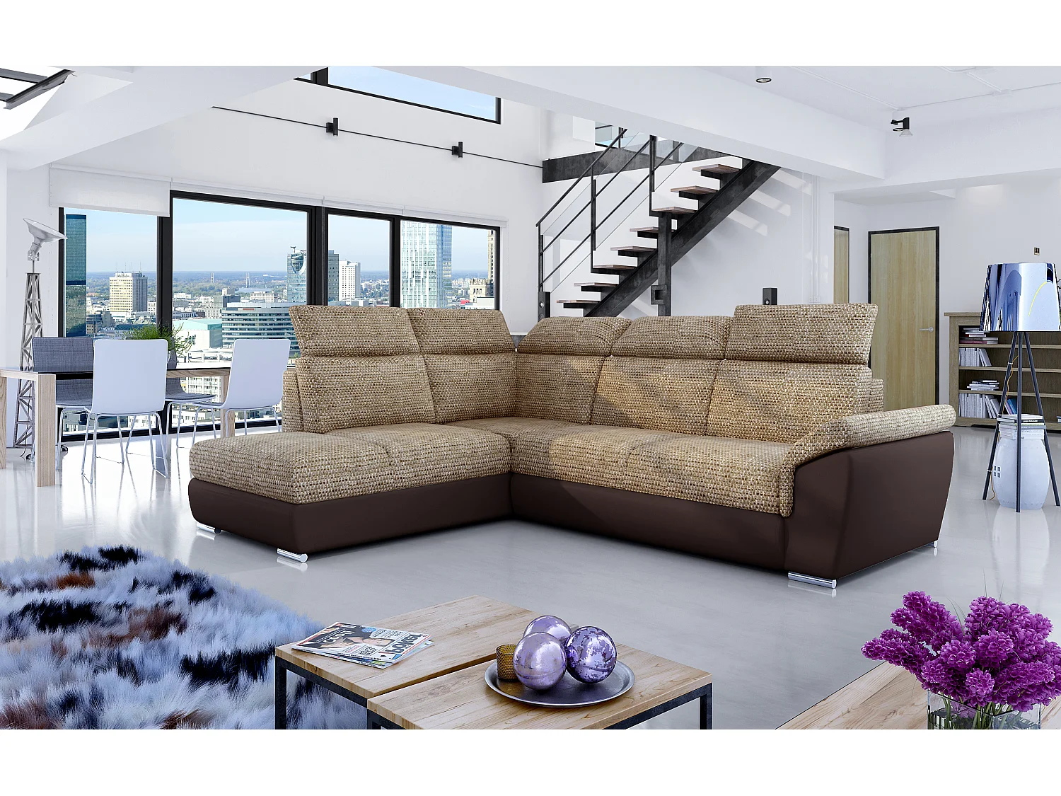 Canapé angle gauche convertible tissu beige chiné et simili marron avec appuis-tête réglables Kepita 260cm