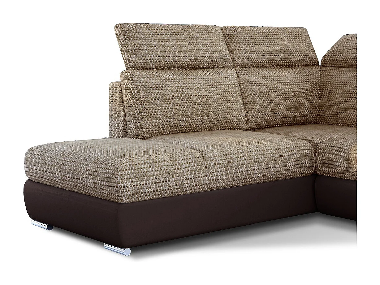 Canapé angle gauche convertible tissu beige chiné et simili marron avec appuis-tête réglables Kepita 260cm