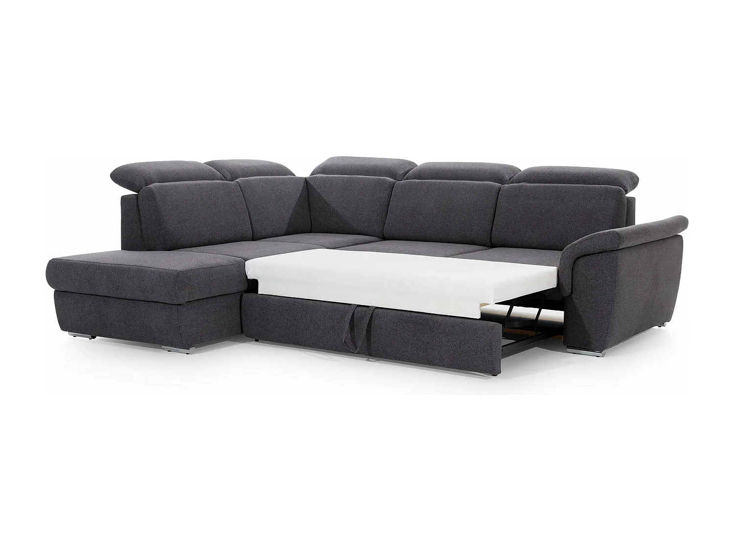 Canapé angle gauche convertible tissu beige chiné et simili marron avec appuis-tête réglables Kepita 260cm