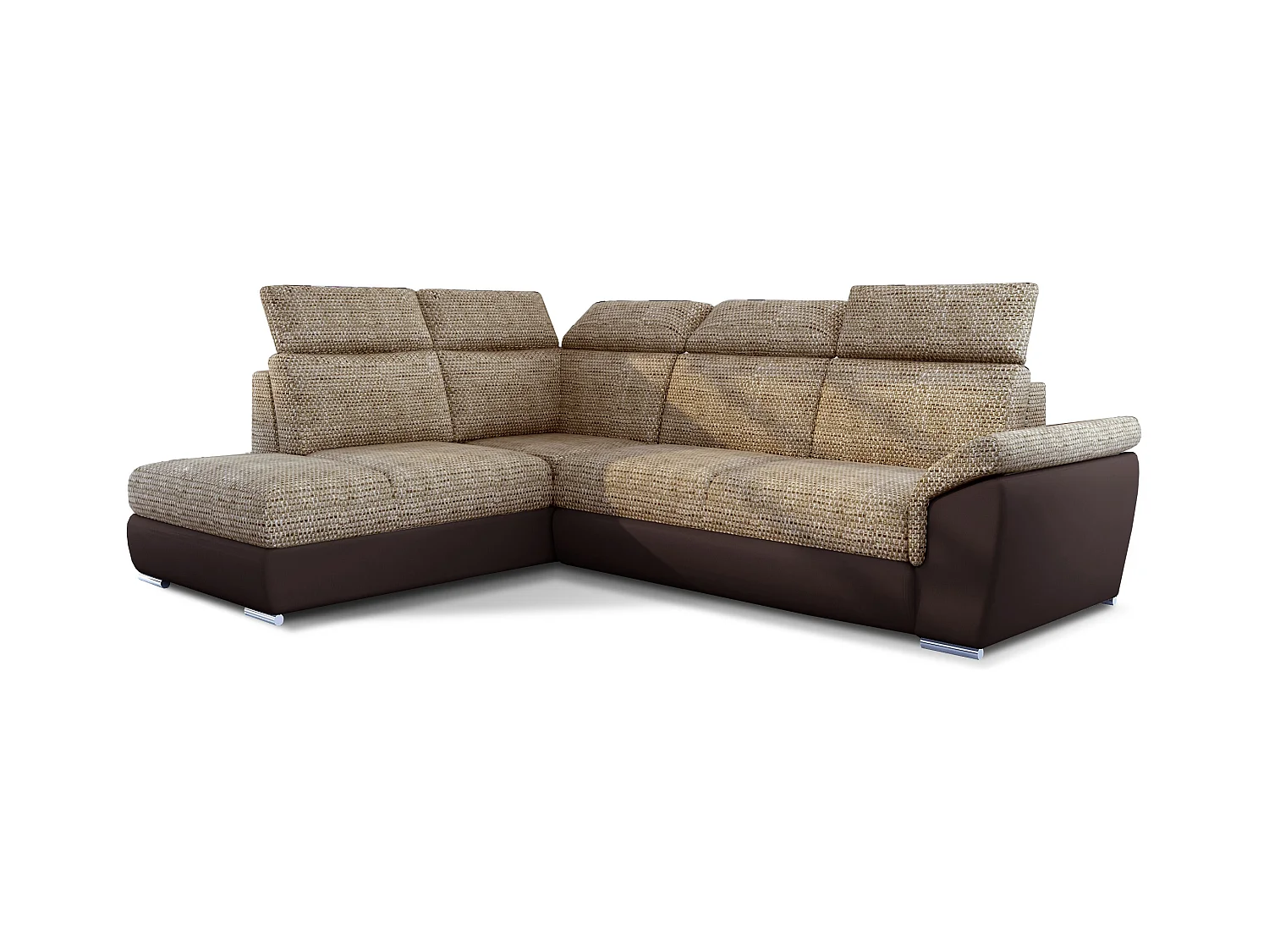 Canapé angle gauche convertible tissu beige chiné et simili marron avec appuis-tête réglables Kepita 260cm