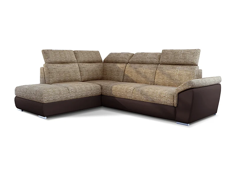 Converteerbare hoekbank links in gemêleerde beige stof en bruine imitatie met verstelbare hoofdsteunen Kepita 260 cm