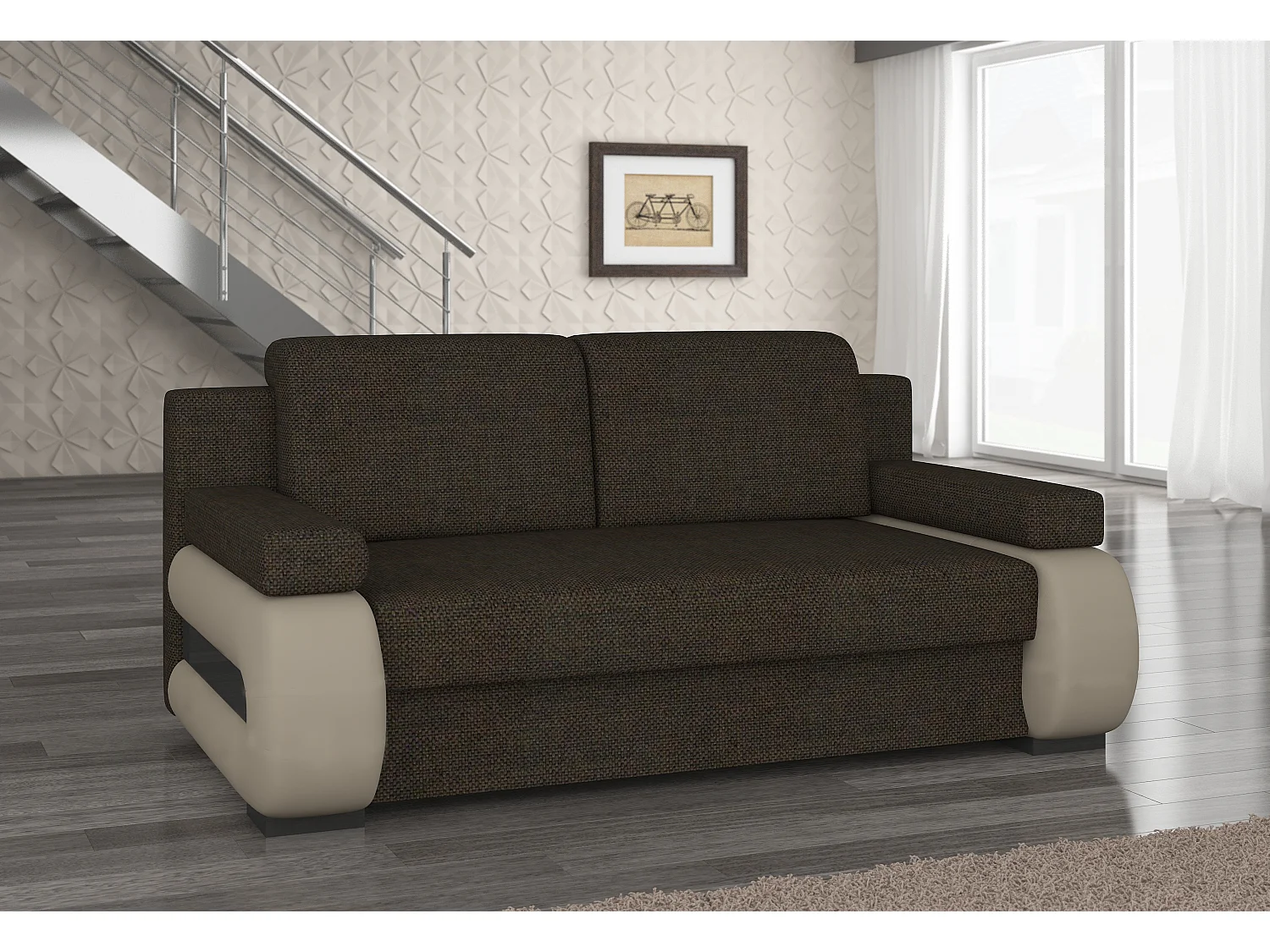 2-zits slaapbank in bruine stof en beige kunstleer Korina 202 cm