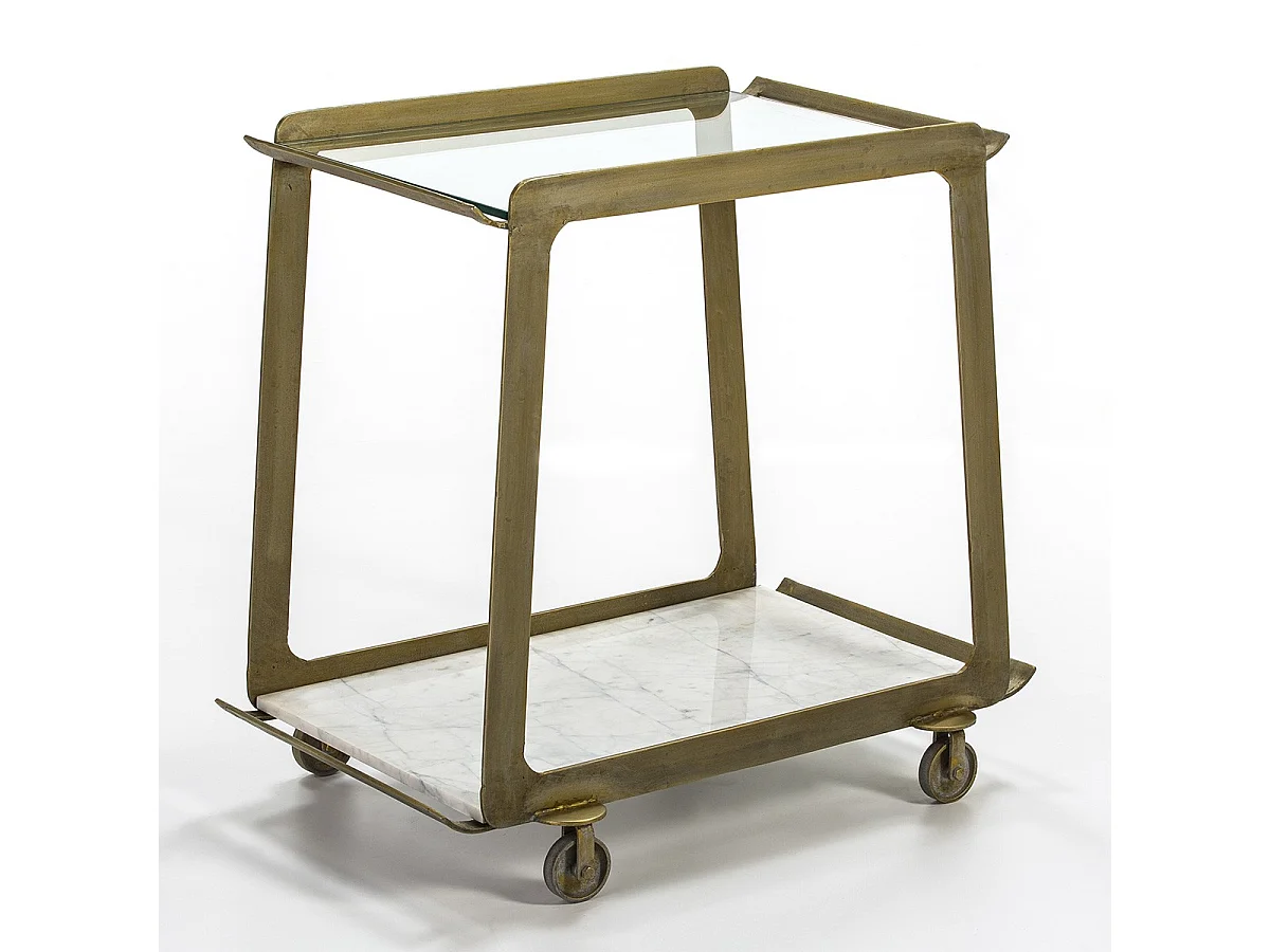 Aparador de cristal y mármol con ruedas y patas de metal dorado