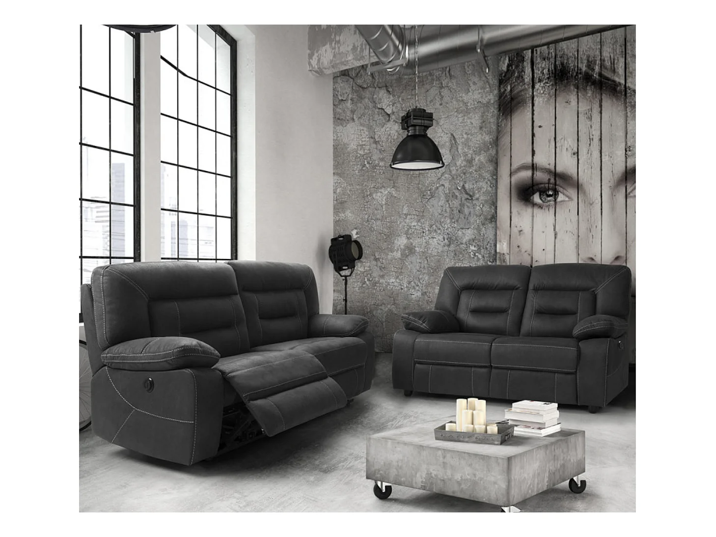 Korsa donkergrijze nubuck relaxbank-Aantal plaatsen) 2 elektrische relaxstoelen