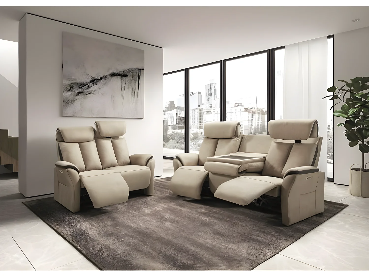 Canapé de relaxation en nubuck Kondort-Beige-3 places relax électrique