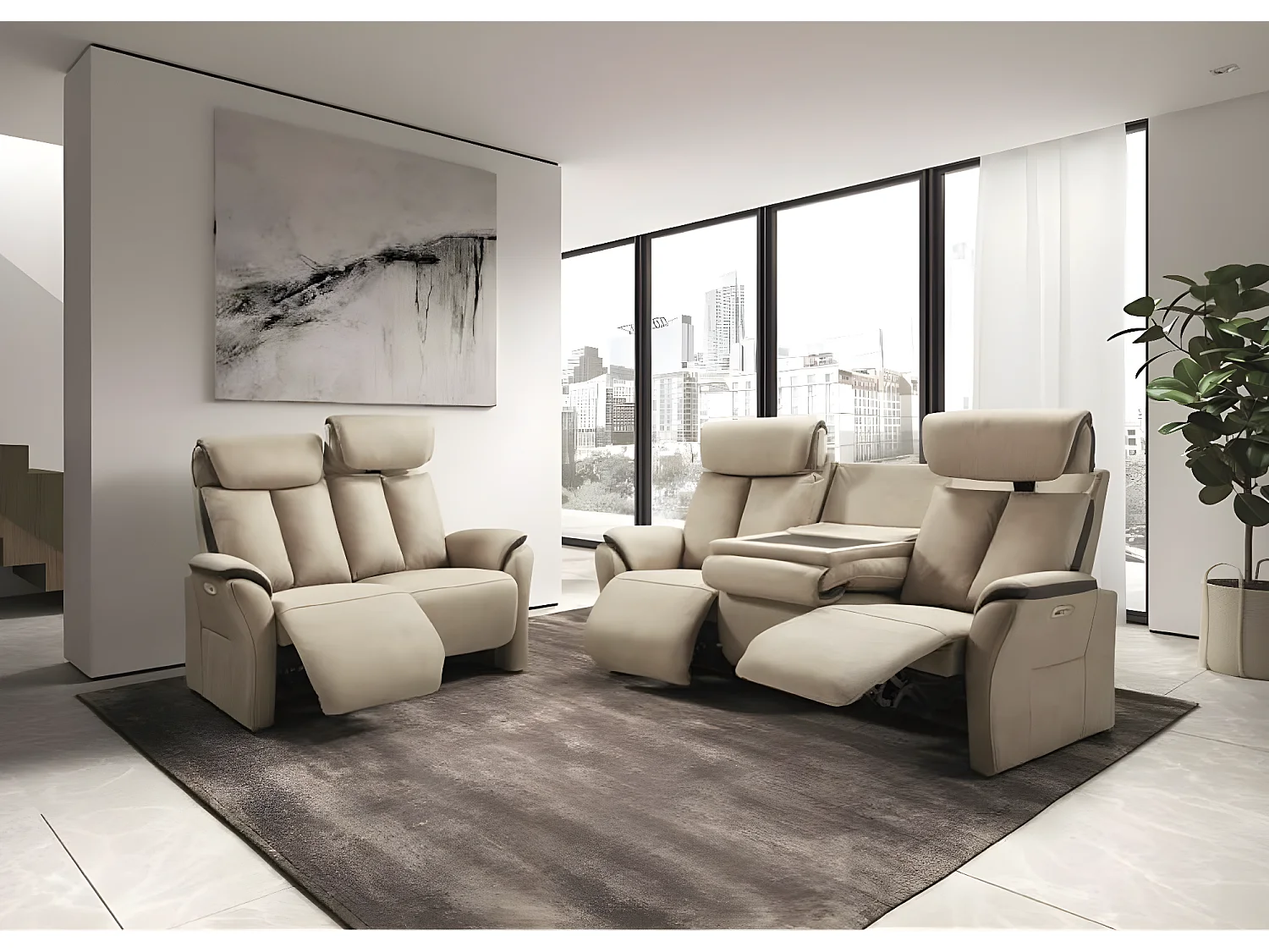 Canapé de relaxation en nubuck Kondort-Beige-3 places relax électrique