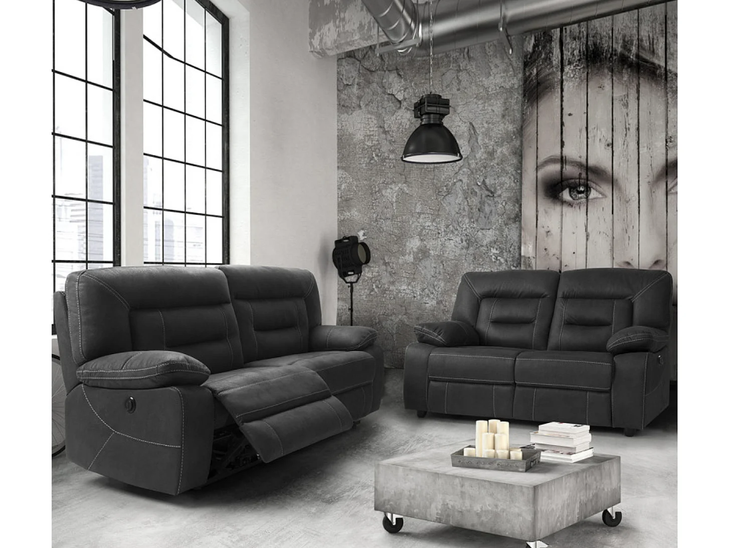 Canapé de relaxation en nubuck gris foncé Korsa-3 places relax électrique