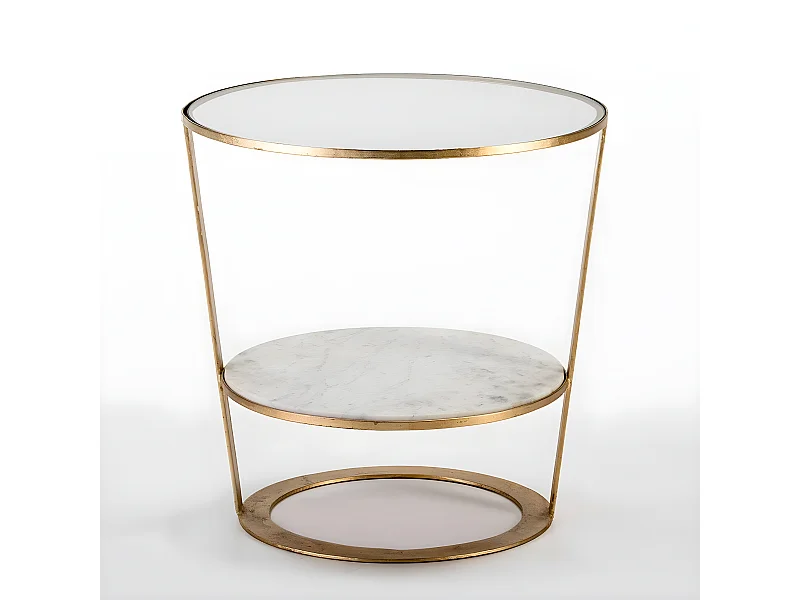 Mesa auxiliar con 2 tapas de cristal y mármol con base de metal dorado Hugos