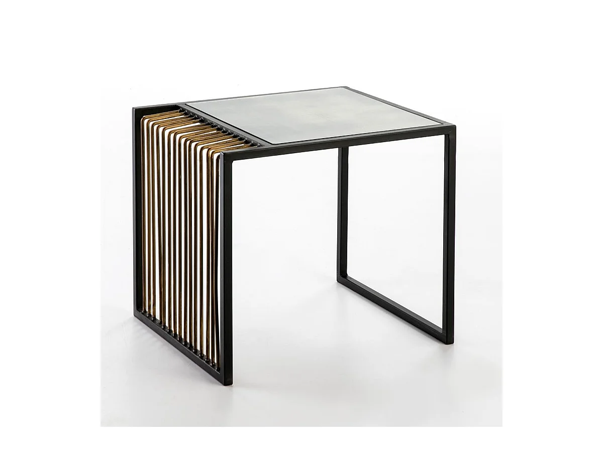 Table d'appoint miroir vieilli pieds métal noir et doré Kiara