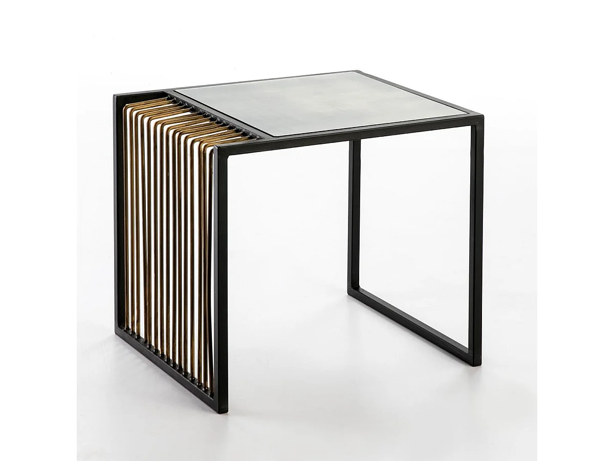 Table d'appoint miroir vieilli pieds métal noir et doré Kiara