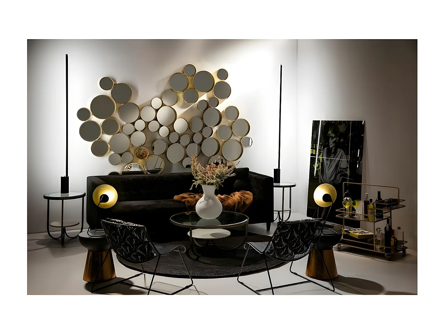 Table d'appoint ronde granit noir et métal doré Alex