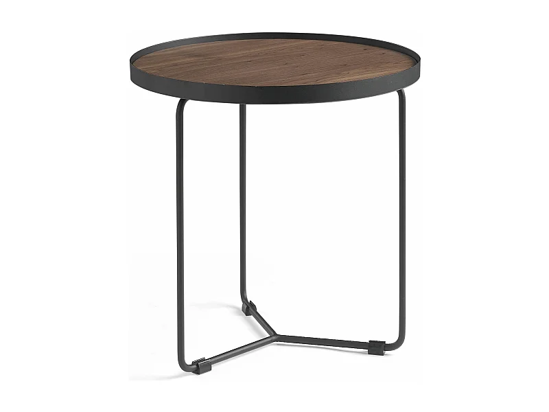 Table d'appoint ronde bois plaqué noyer et métal noir Noka